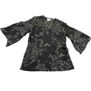 Fred David Shirt Blouse Women's Small Black Floral Bell Sleeve Top Chiffon Boho